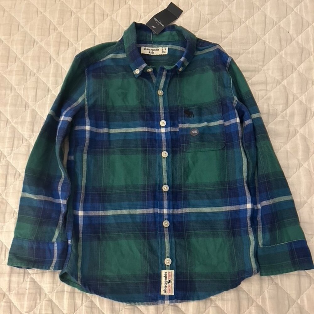 ABERCROMBIE KIDS PLAID FLANNEL GREEN/BLUE BUTTON-DOWN SHIRT | NWT | SIZE 5/6